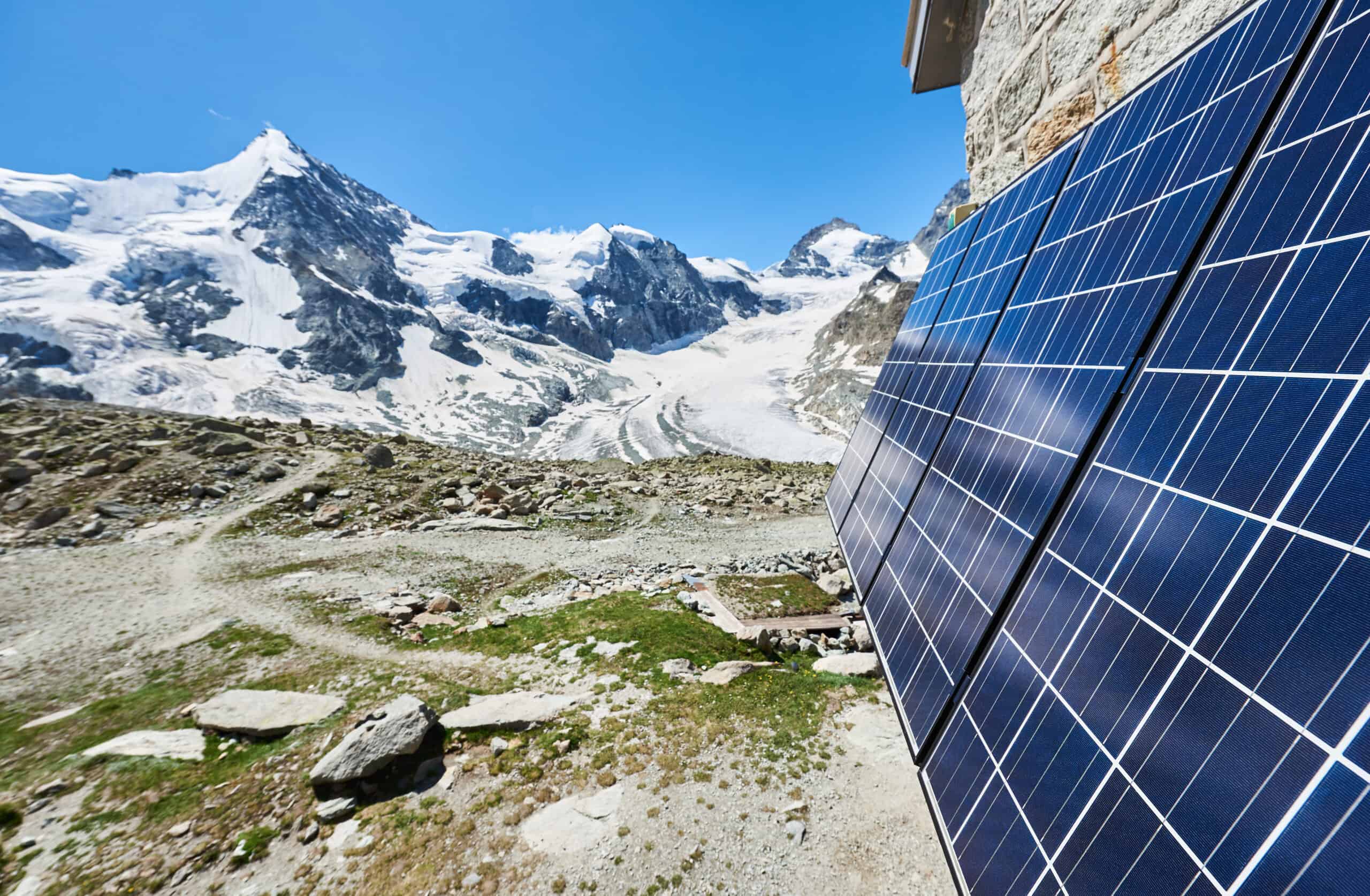 Grand Mountet Hut with solar batteries on the wall on a beautiful sunny day in Switzerland Alps